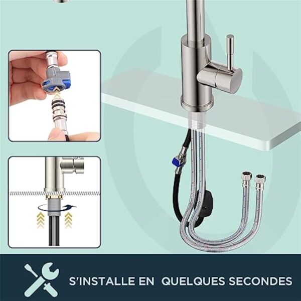 FORIOUS Robinet Cuisine Douchette avec 2 Modes de Pulvérisation, Mitigeur Cuisine avec Douchette Extractible Rotatif à 360° Froid & Chaud Disponible, Acier Inoxydable – Image 6