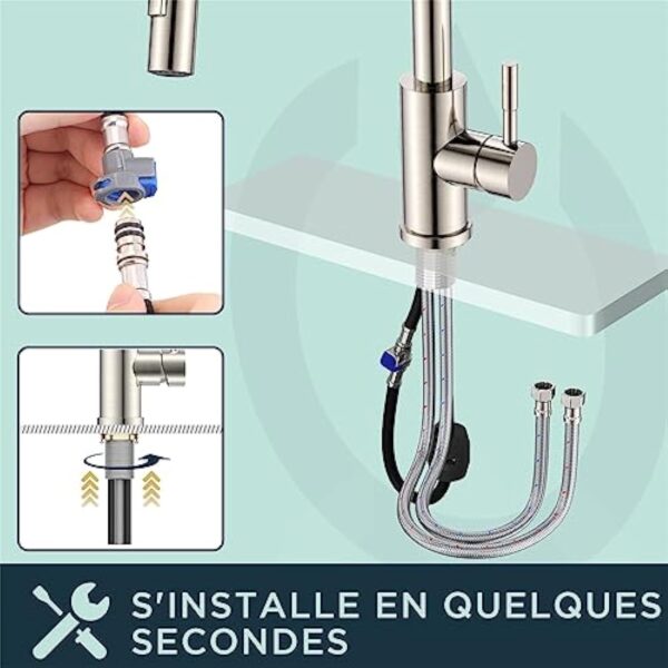 FORIOUS Robinet Cuisine, Mitigeur Cuisine Douchette Evier Cuisine Pivotant à 360° d'Évier à Arc Élevé Pulvérisateur Escamotable 2 Modes, Acier Inoxydable – Image 6