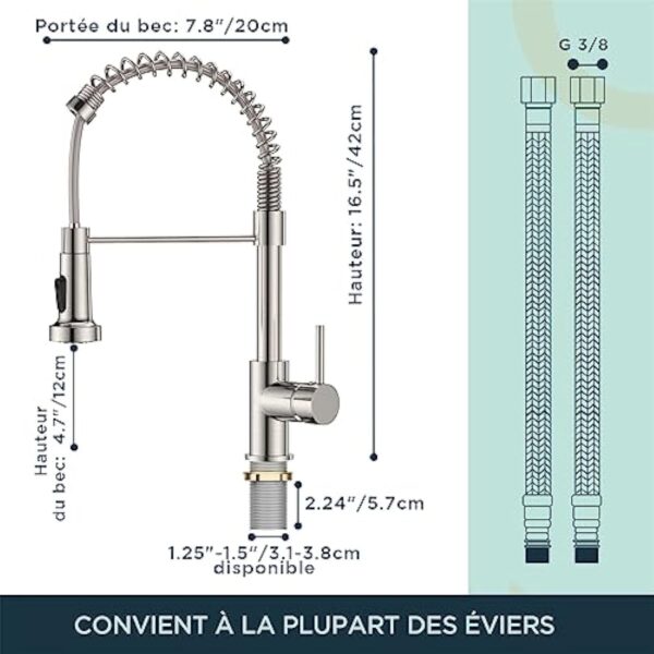 FORIOUS Robinet Cuisine, Mitigeur Cuisine Avec Douchette Pivotant à 360° d'Évier à Arc Élevé Pulvérisateur Escamotable 2 Modes, Acier Inoxydable – Image 7