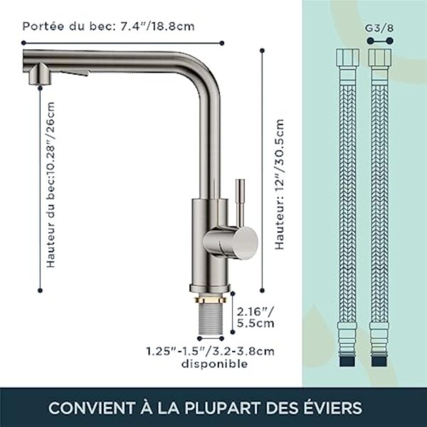 FORIOUS Robinet Cuisine Douchette avec 2 Modes de Pulvérisation, Mitigeur Cuisine avec Douchette Extractible Rotatif à 360° Froid & Chaud Disponible, Acier Inoxydable – Image 7