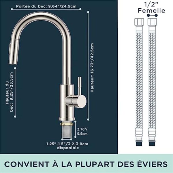 FORIOUS Robinet Cuisine, Mitigeur Cuisine Douchette Evier Cuisine Pivotant à 360° d'Évier à Arc Élevé Pulvérisateur Escamotable 2 Modes, Acier Inoxydable – Image 7