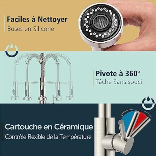 FORIOUS Robinet Cuisine, Mitigeur Cuisine Avec Douchette Pivotant à 360° d'Évier à Arc Élevé Pulvérisateur Escamotable 2 Modes, Acier Inoxydable – Image 8