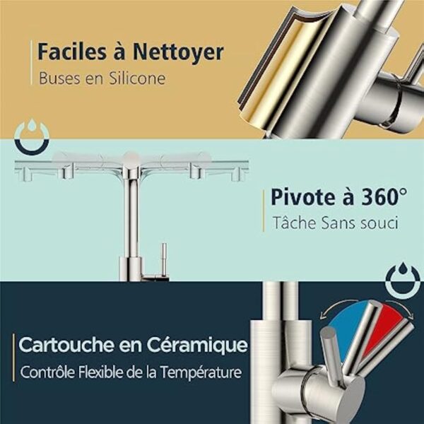 FORIOUS Robinet Cuisine Douchette avec 2 Modes de Pulvérisation, Mitigeur Cuisine avec Douchette Extractible Rotatif à 360° Froid & Chaud Disponible, Acier Inoxydable – Image 8