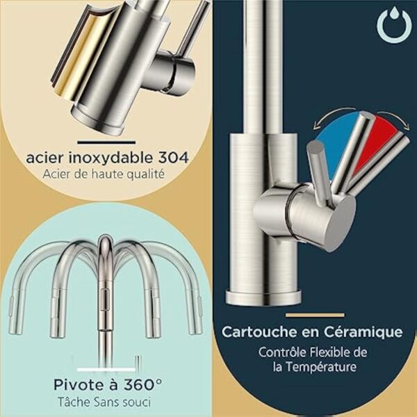 FORIOUS Robinet Cuisine, Mitigeur Cuisine Douchette Evier Cuisine Pivotant à 360° d'Évier à Arc Élevé Pulvérisateur Escamotable 2 Modes, Acier Inoxydable – Image 8