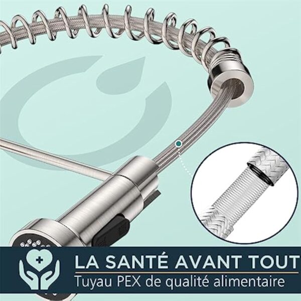 FORIOUS Robinet Cuisine, Mitigeur Cuisine Avec Douchette Pivotant à 360° d'Évier à Arc Élevé Pulvérisateur Escamotable 2 Modes, Acier Inoxydable – Image 9