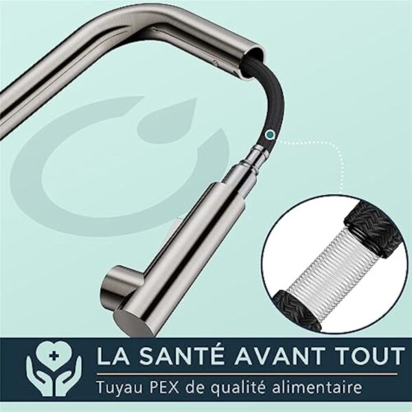 FORIOUS Robinet Cuisine Douchette avec 2 Modes de Pulvérisation, Mitigeur Cuisine avec Douchette Extractible Rotatif à 360° Froid & Chaud Disponible, Acier Inoxydable – Image 9