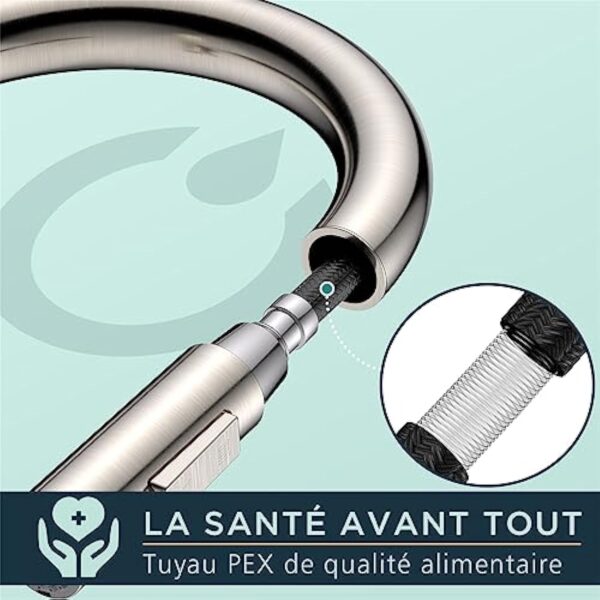 FORIOUS Robinet Cuisine, Mitigeur Cuisine Douchette Evier Cuisine Pivotant à 360° d'Évier à Arc Élevé Pulvérisateur Escamotable 2 Modes, Acier Inoxydable – Image 9