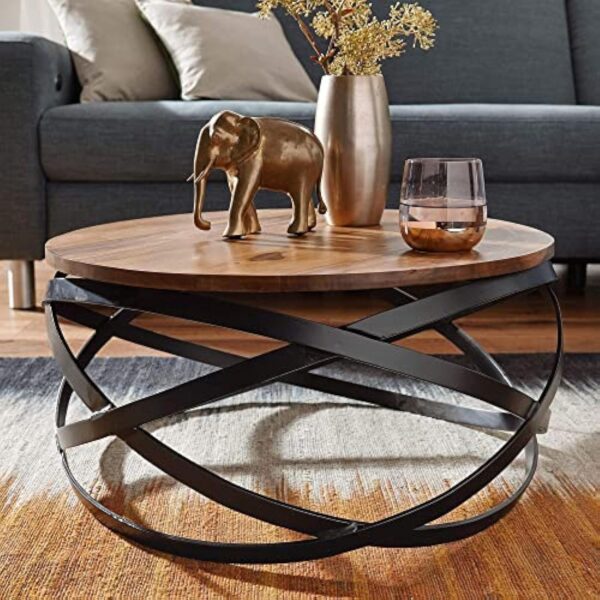 FineBuy Table Basse Bois Massif Sheesham Table de Salon 60 x 30 x 60 cm | Table d'appoint Style Industriel | Meubles en Bois Naturel Table de Sofa Cadre en métal – Image 3