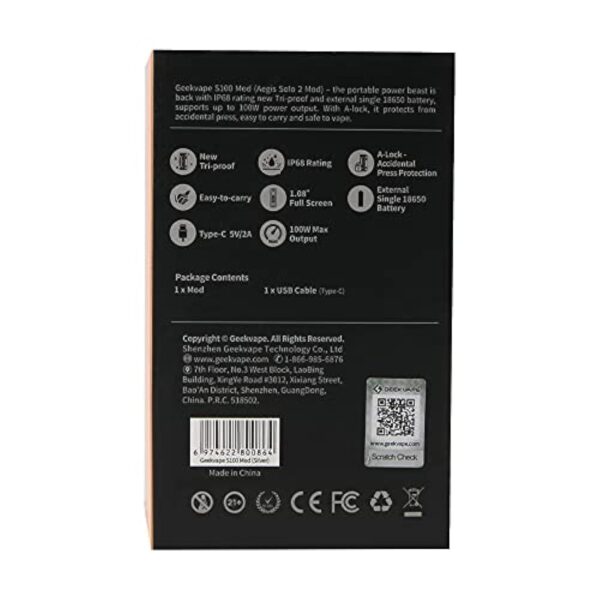 GEEKVAPE S100 Aegis Solo 2 Mod 100W Vaporizer Electronic Cigarette Vape Support Z Subohm 2021 Tank 18650 Battery(Mod only) – Image 9