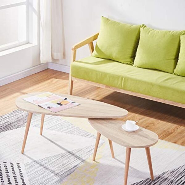 GOLDFAN Table Basse Bois Moderne Lot de 2 Table Basse Gigognes Triangulaire pour Salon, Bureau, Table d'appoint Design Scandinave, Couleur Chêne – Image 8
