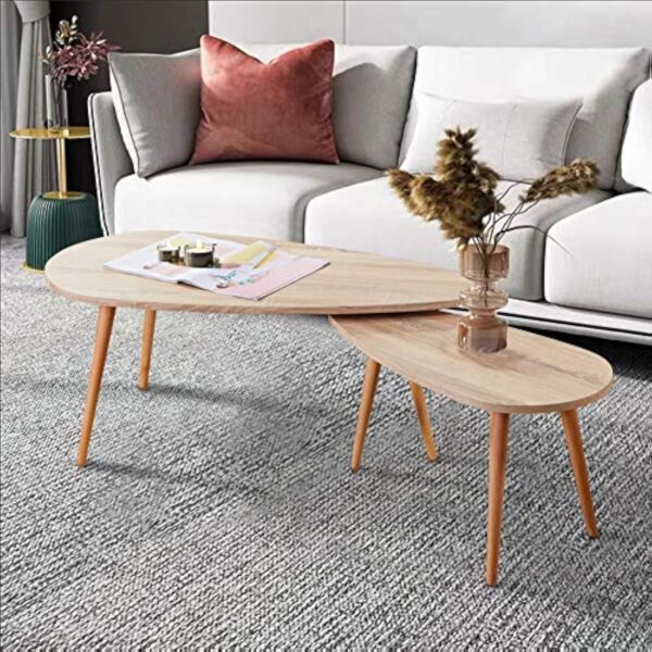 GOLDFAN Table Basse Bois Moderne Lot de 2 Table Basse Gigognes Triangulaire pour Salon, Bureau, Table d'appoint Design Scandinave, Couleur Chêne – Image 9
