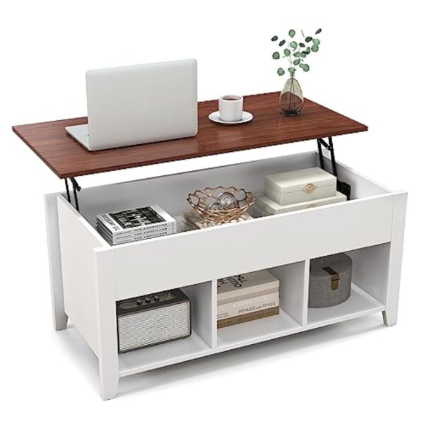 GOPLUS Moderne Table Basse de Salon à Plateau Relevable Vérin à Gaz, Table Basse Transformable avec Compartiment Caché 105x52x63CM (3 Bacs, Blanc) – Image 2