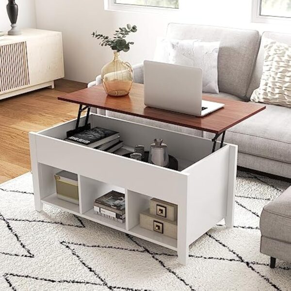 GOPLUS Moderne Table Basse de Salon à Plateau Relevable Vérin à Gaz, Table Basse Transformable avec Compartiment Caché 105x52x63CM (3 Bacs, Blanc) – Image 3