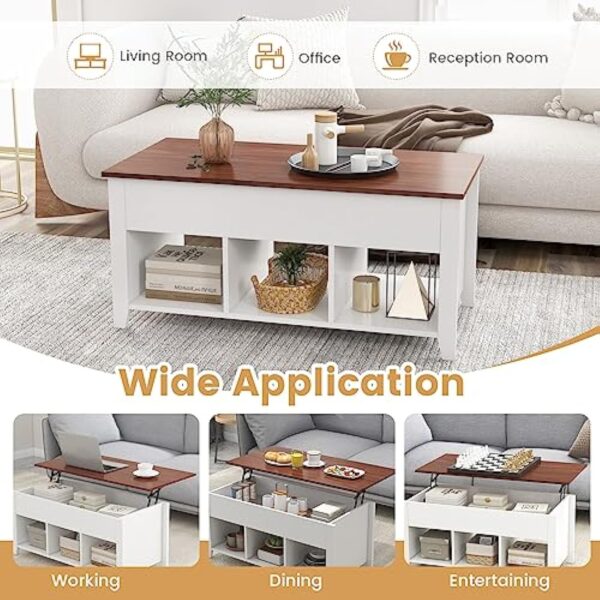 GOPLUS Moderne Table Basse de Salon à Plateau Relevable Vérin à Gaz, Table Basse Transformable avec Compartiment Caché 105x52x63CM (3 Bacs, Blanc) – Image 5