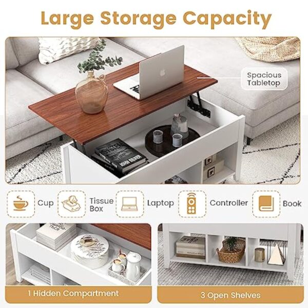 GOPLUS Moderne Table Basse de Salon à Plateau Relevable Vérin à Gaz, Table Basse Transformable avec Compartiment Caché 105x52x63CM (3 Bacs, Blanc) – Image 6
