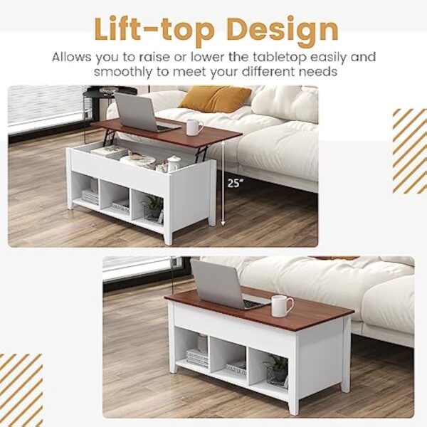 GOPLUS Moderne Table Basse de Salon à Plateau Relevable Vérin à Gaz, Table Basse Transformable avec Compartiment Caché 105x52x63CM (3 Bacs, Blanc) – Image 7