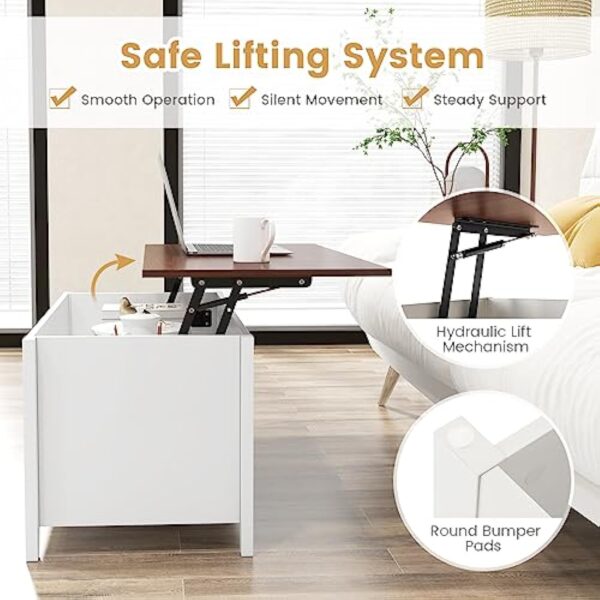 GOPLUS Moderne Table Basse de Salon à Plateau Relevable Vérin à Gaz, Table Basse Transformable avec Compartiment Caché 105x52x63CM (3 Bacs, Blanc) – Image 8