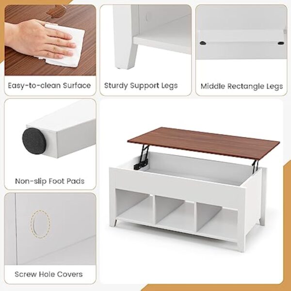 GOPLUS Moderne Table Basse de Salon à Plateau Relevable Vérin à Gaz, Table Basse Transformable avec Compartiment Caché 105x52x63CM (3 Bacs, Blanc) – Image 9
