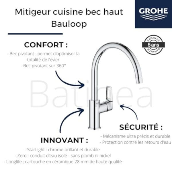 GROHE Mitigeur Monocommande Evier Bec C Bauloop 31368001 (Import Allemagne) Chromé – Image 5