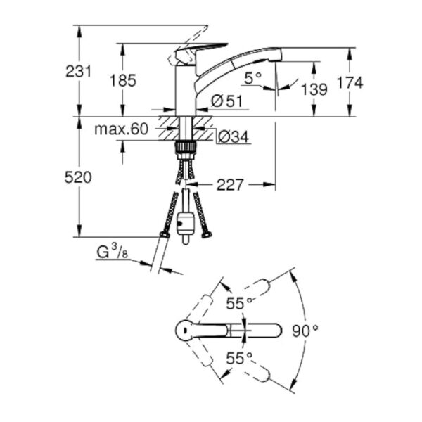GROHE QUICKFIX Start Robinet de cuisine évier, douchette extractible, inverseur 2 jets, rotation 90°, installation et nettoyage facile, chromé, 30531001 (Import Allemagne) – Image 4