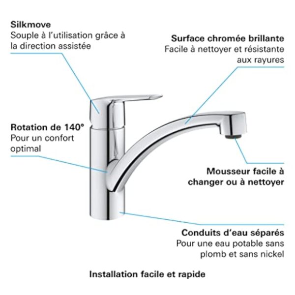 GROHE QUICKFIX Start Robinet de cuisine évier Start, rotation 140°, robinet de cuisine installation et nettoyage facile, chromé, 30530002 (Import Allemagne) – Image 6