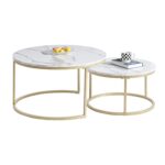 GrandCA HOME Lot de 2 Tables Basses Rondes Gigognes de Salon(Imitation Marbre), Grande : 80x80x45cm et Petite : 60x60x35cm，Blanc + Or
