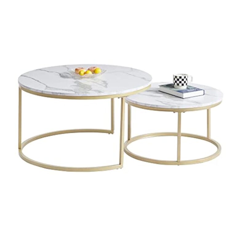 GrandCA HOME Lot de 2 Tables Basses Rondes Gigognes de Salon(Imitation Marbre), Grande : 80x80x45cm et Petite : 60x60x35cm，Blanc + Or – Image 2