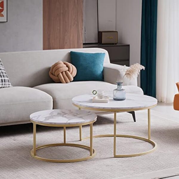 GrandCA HOME Lot de 2 Tables Basses Rondes Gigognes de Salon(Imitation Marbre), Grande : 80x80x45cm et Petite : 60x60x35cm，Blanc + Or – Image 3