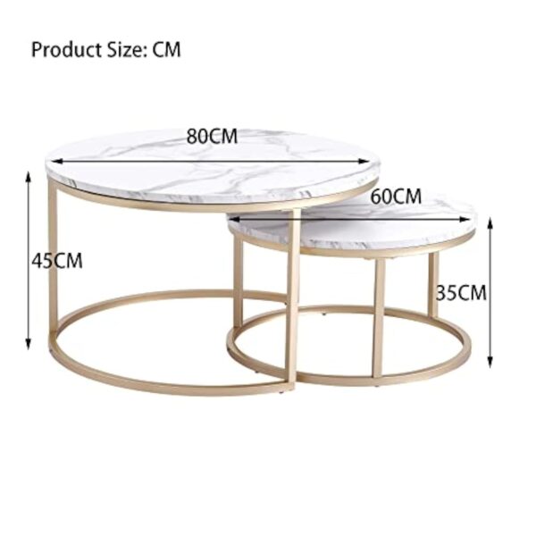 GrandCA HOME Lot de 2 Tables Basses Rondes Gigognes de Salon(Imitation Marbre), Grande : 80x80x45cm et Petite : 60x60x35cm，Blanc + Or – Image 4