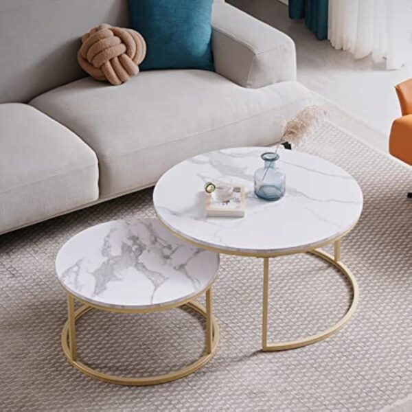 GrandCA HOME Lot de 2 Tables Basses Rondes Gigognes de Salon(Imitation Marbre), Grande : 80x80x45cm et Petite : 60x60x35cm，Blanc + Or – Image 5