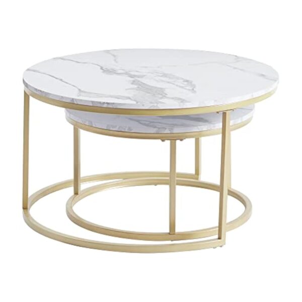 GrandCA HOME Lot de 2 Tables Basses Rondes Gigognes de Salon(Imitation Marbre), Grande : 80x80x45cm et Petite : 60x60x35cm，Blanc + Or – Image 6