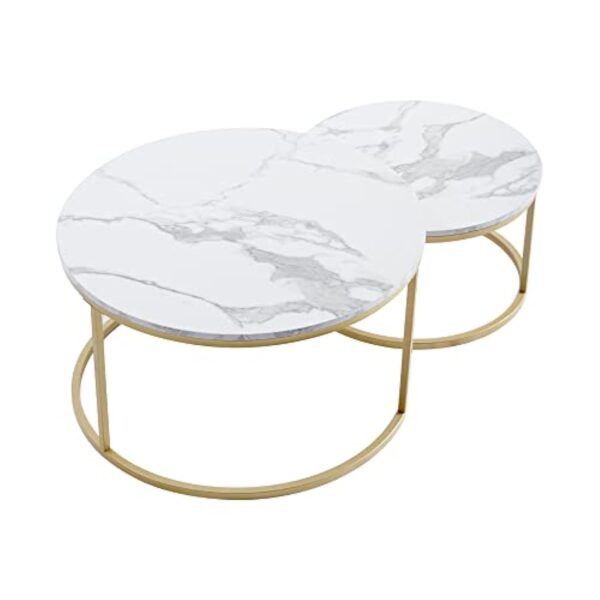 GrandCA HOME Lot de 2 Tables Basses Rondes Gigognes de Salon(Imitation Marbre), Grande : 80x80x45cm et Petite : 60x60x35cm，Blanc + Or – Image 7