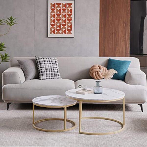 GrandCA HOME Lot de 2 Tables Basses Rondes Gigognes de Salon(Imitation Marbre), Grande : 80x80x45cm et Petite : 60x60x35cm，Blanc + Or – Image 8