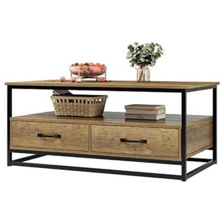 HOCSOK Table Basse, Table Basse Salon, Table à Café Rectangulaire avec 2 Tiroirs et Étagères, Table Basse Industrielle en Bois et Métal, Marron, 108x58x48 cm