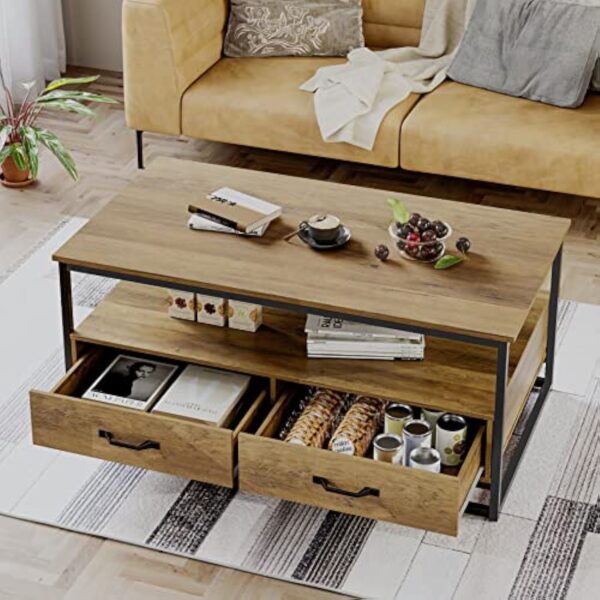 HOCSOK Table Basse, Table Basse Salon, Table à Café Rectangulaire avec 2 Tiroirs et Étagères, Table Basse Industrielle en Bois et Métal, Marron, 108x58x48 cm – Image 3