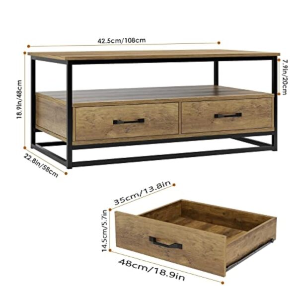 HOCSOK Table Basse, Table Basse Salon, Table à Café Rectangulaire avec 2 Tiroirs et Étagères, Table Basse Industrielle en Bois et Métal, Marron, 108x58x48 cm – Image 4