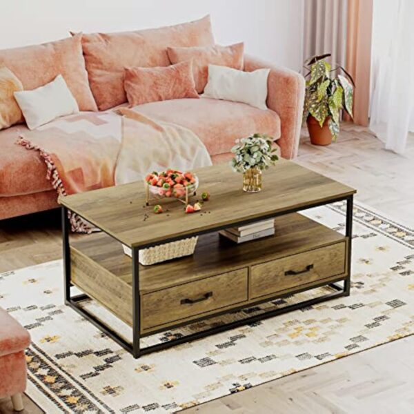 HOCSOK Table Basse, Table Basse Salon, Table à Café Rectangulaire avec 2 Tiroirs et Étagères, Table Basse Industrielle en Bois et Métal, Marron, 108x58x48 cm – Image 6