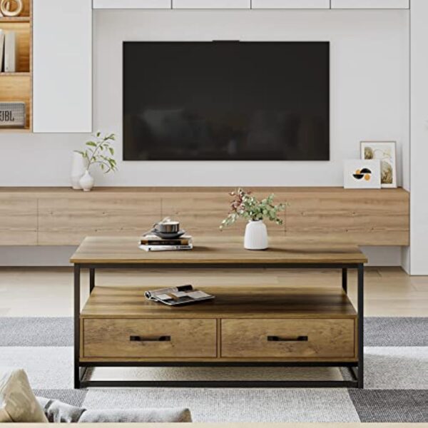 HOCSOK Table Basse, Table Basse Salon, Table à Café Rectangulaire avec 2 Tiroirs et Étagères, Table Basse Industrielle en Bois et Métal, Marron, 108x58x48 cm – Image 7