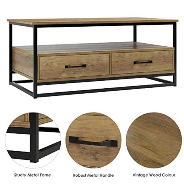 HOCSOK Table Basse, Table Basse Salon, Table à Café Rectangulaire avec 2 Tiroirs et Étagères, Table Basse Industrielle en Bois et Métal, Marron, 108x58x48 cm – Image 9