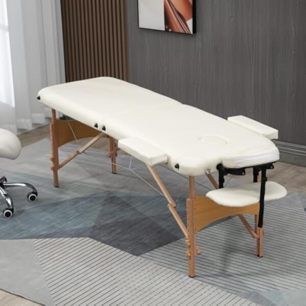 HOMCOM Lit/Table de Massage cosmetique Pliable en Bois 2 Zones (Crème) – Image 3