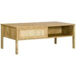 HOMCOM Table Basse rectangulaire Table de Salon avec Multi-rangements Niche et tiroir Portes Effet cannage rotin tissé - 110L x 59l x 41H cm Bois Naturel
