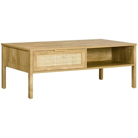 HOMCOM Table Basse rectangulaire Table de Salon avec Multi-rangements Niche et tiroir Portes Effet cannage rotin tissé - 110L x 59l x 41H cm Bois Naturel