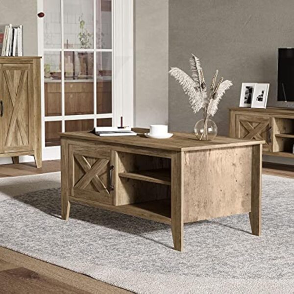 HOMCOM Table Basse rectangulaire Style Rural Chic Placard avec étagère 2 niches MDF Aspect Bois Clair – Image 3