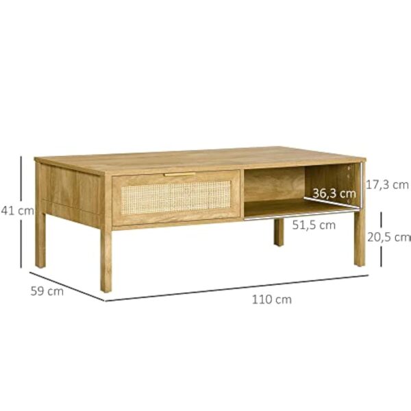 HOMCOM Table Basse rectangulaire Table de Salon avec Multi-rangements Niche et tiroir Portes Effet cannage rotin tissé - 110L x 59l x 41H cm Bois Naturel – Image 4