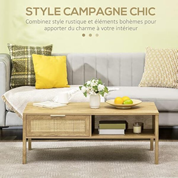 HOMCOM Table Basse rectangulaire Table de Salon avec Multi-rangements Niche et tiroir Portes Effet cannage rotin tissé - 110L x 59l x 41H cm Bois Naturel – Image 5