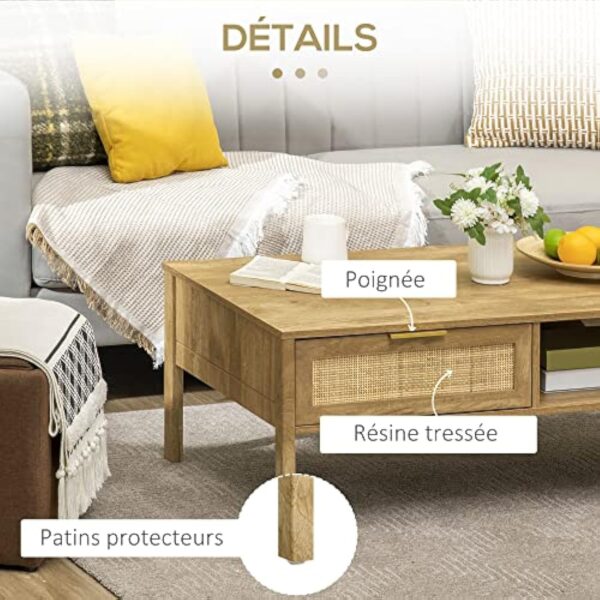 HOMCOM Table Basse rectangulaire Table de Salon avec Multi-rangements Niche et tiroir Portes Effet cannage rotin tissé - 110L x 59l x 41H cm Bois Naturel – Image 6