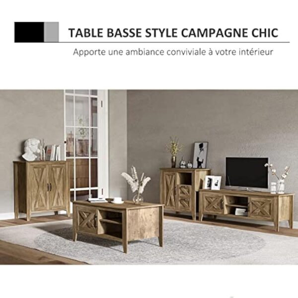 HOMCOM Table Basse rectangulaire Style Rural Chic Placard avec étagère 2 niches MDF Aspect Bois Clair – Image 6