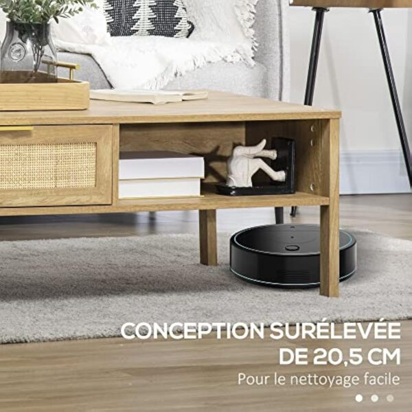 HOMCOM Table Basse rectangulaire Table de Salon avec Multi-rangements Niche et tiroir Portes Effet cannage rotin tissé - 110L x 59l x 41H cm Bois Naturel – Image 7