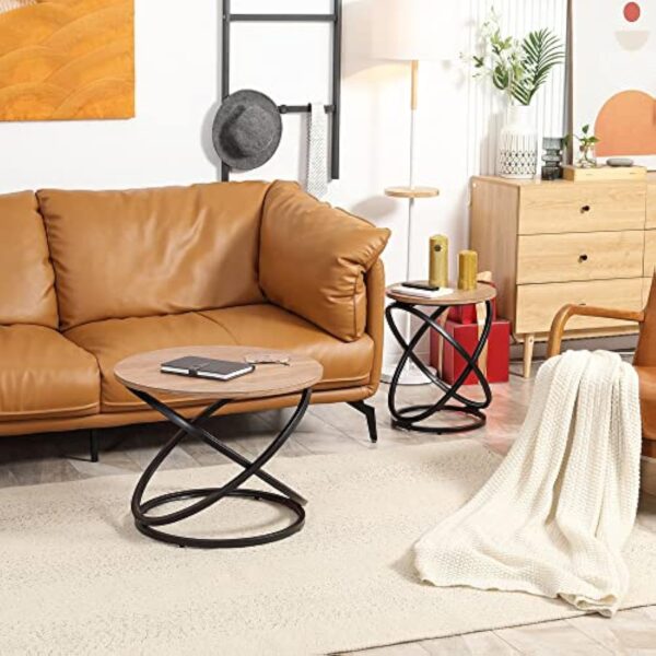 HOMCOM Table Basse Ronde de Style Industriel en métal Noir et Plateau Bois - Dim. Ø 60 x 46H cm – Image 7