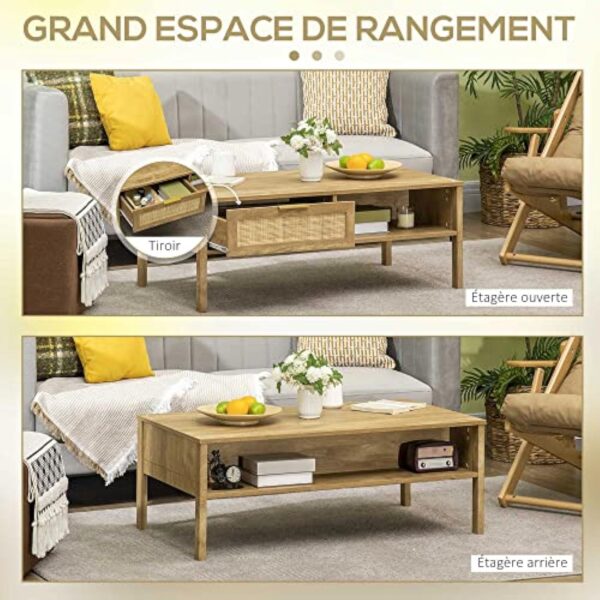 HOMCOM Table Basse rectangulaire Table de Salon avec Multi-rangements Niche et tiroir Portes Effet cannage rotin tissé - 110L x 59l x 41H cm Bois Naturel – Image 8